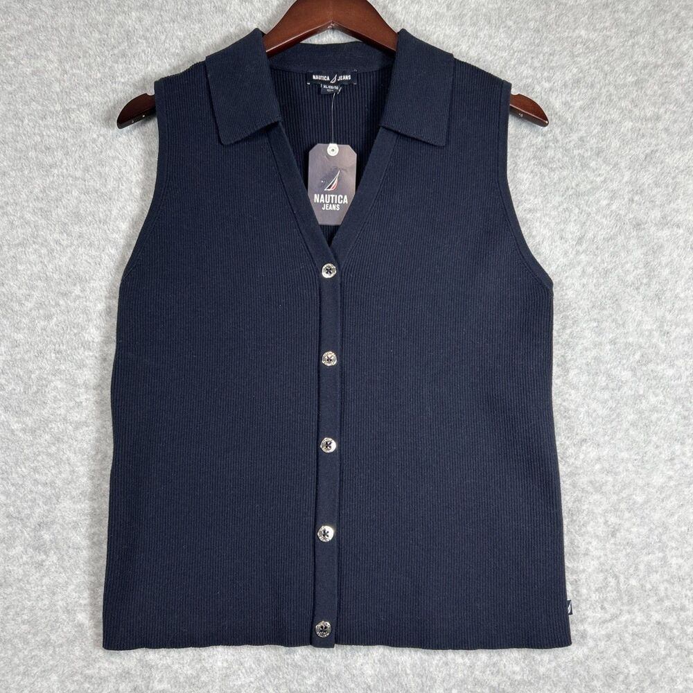 Nautica Jeans Sweater Vest Womans Blue Collared Button Front Ribbed Knit XL NWT